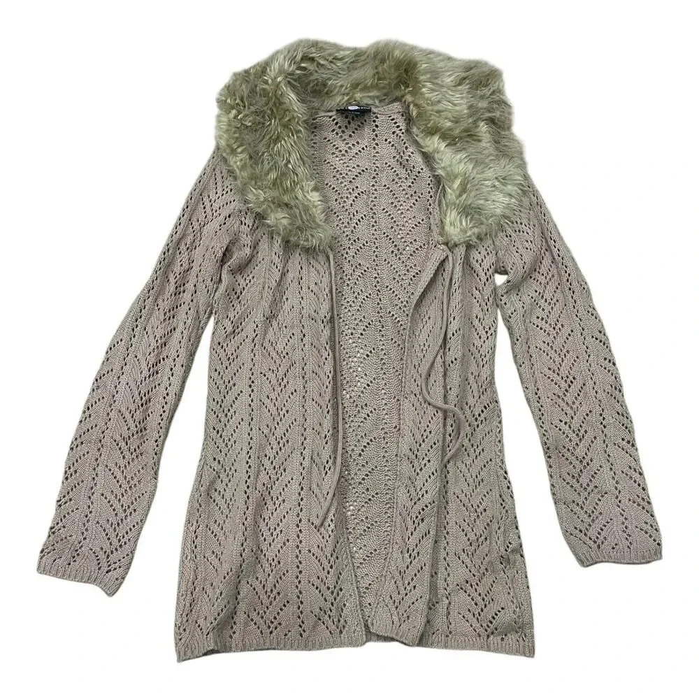 It’s Our Time Beige Faux Fur Collar Pierced Knit Cardigan Sweater M